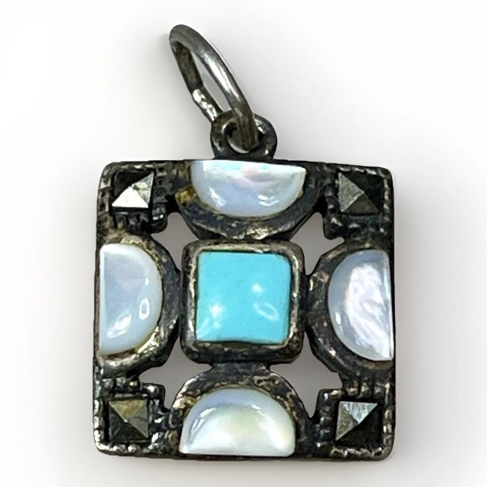 Native American Turquoise MOP & Marcasite VTG 925 Sterling Silver Pendant 1.8g